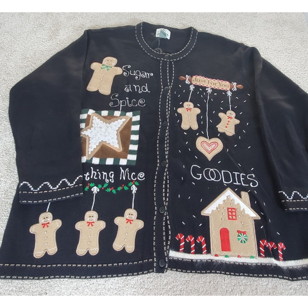 The Quacker Factory Sweater SZ 3X Black Gingerbread Christmas Sugar Spice